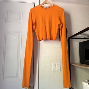 SAMMY B. orange rib ribbed knit crew neck cropped long sleeve top tee